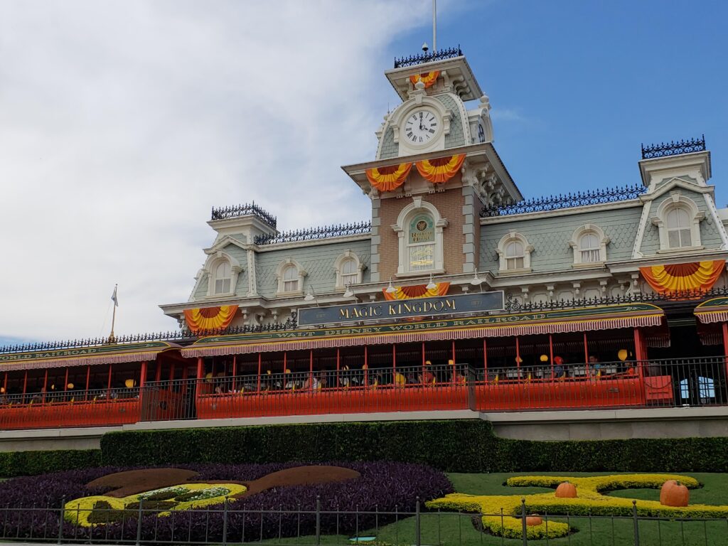 Front entrance of Magic Kingdom decorated for Halloween
